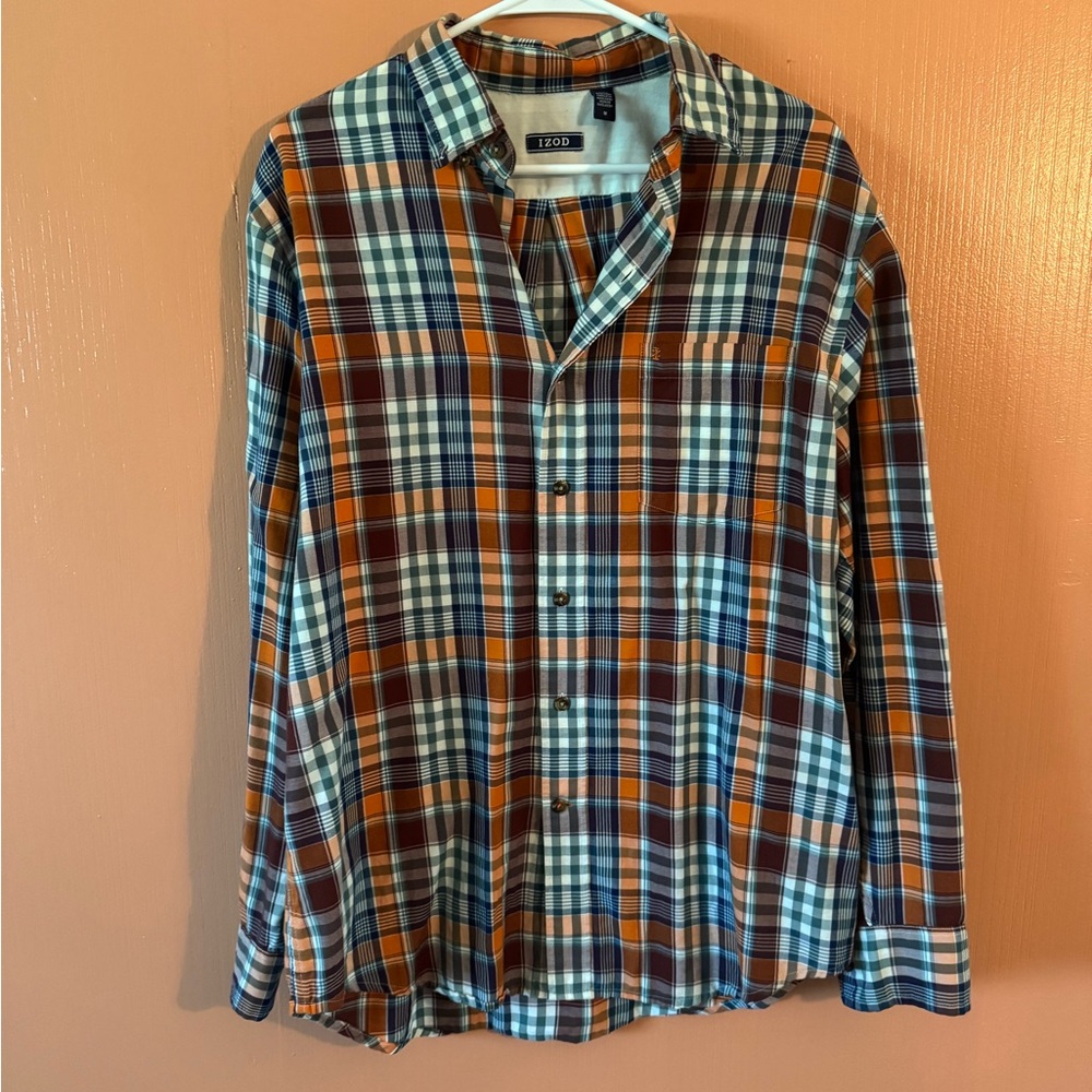 IZOD Blue, Orange & White Plaid Button-Down Dress Shirt Men’s Size M
